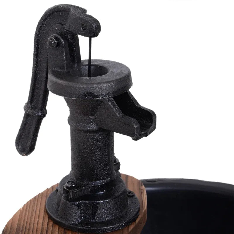 Wood and Iron Barrel Pump Fountain Planter 23 Inch