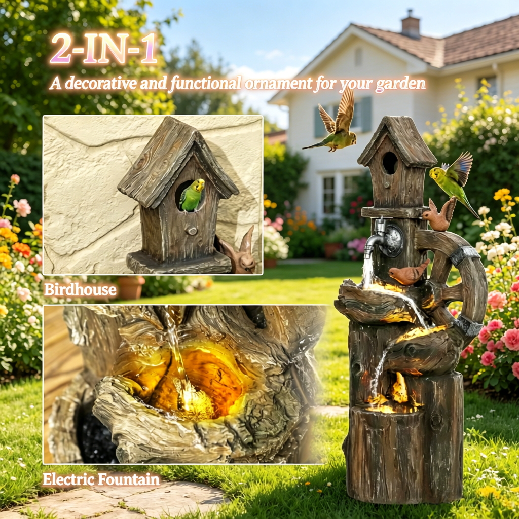 Resin Rustic Outdoor Fountain Birdhouse and Iron Tap