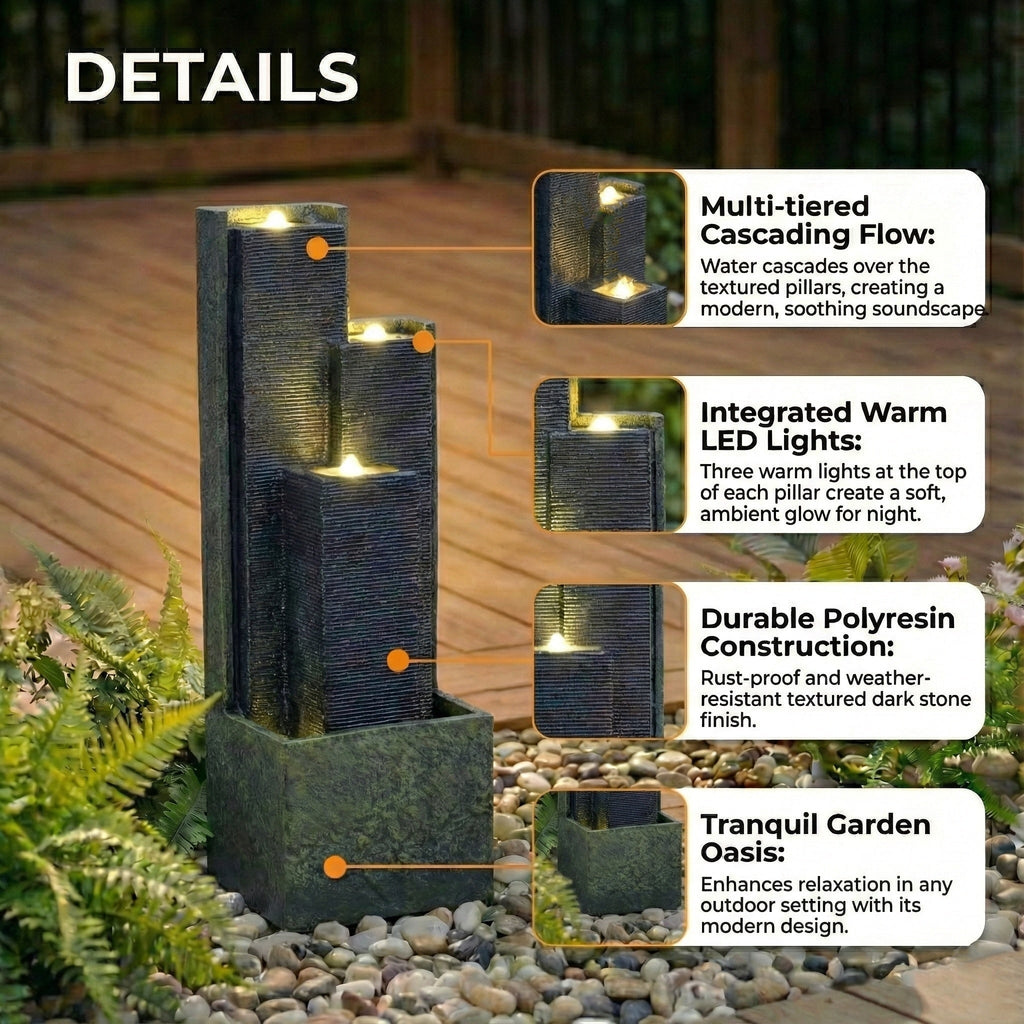 Resin Slate Water Wall Fountain 3 Column Top Lit
