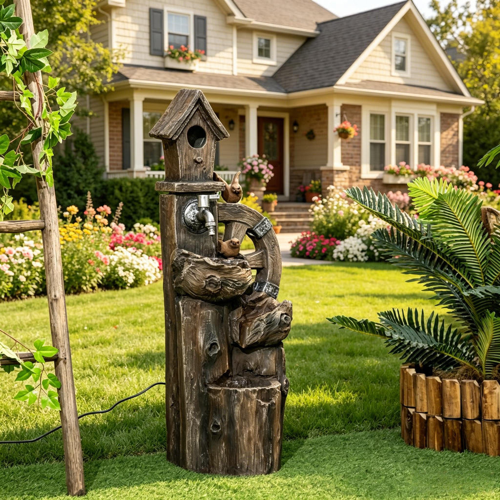 Resin Rustic Outdoor Fountain Birdhouse and Iron Tap