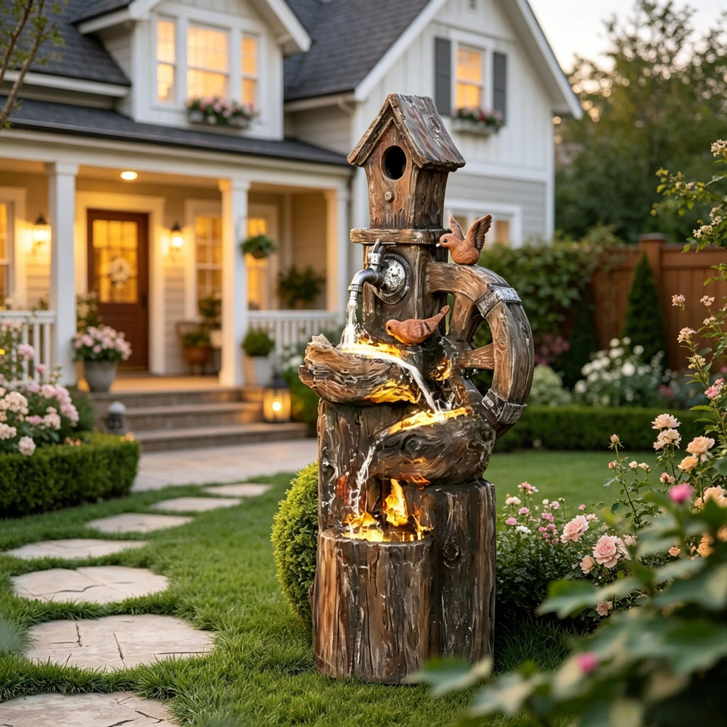 Resin Rustic Outdoor Fountain Birdhouse and Iron Tap