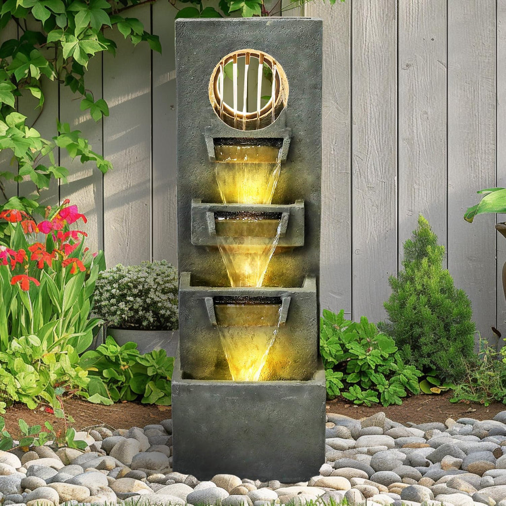 Resin Moon Gate Outdoor Water Fountain 39 Inch Warm LED