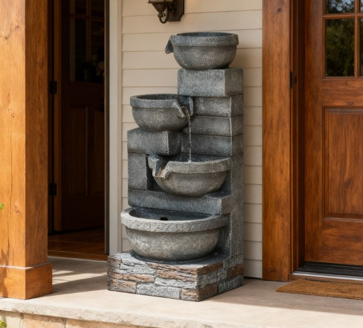 Resin Offset Bowl Cascading Outdoor Water Fountain with LED