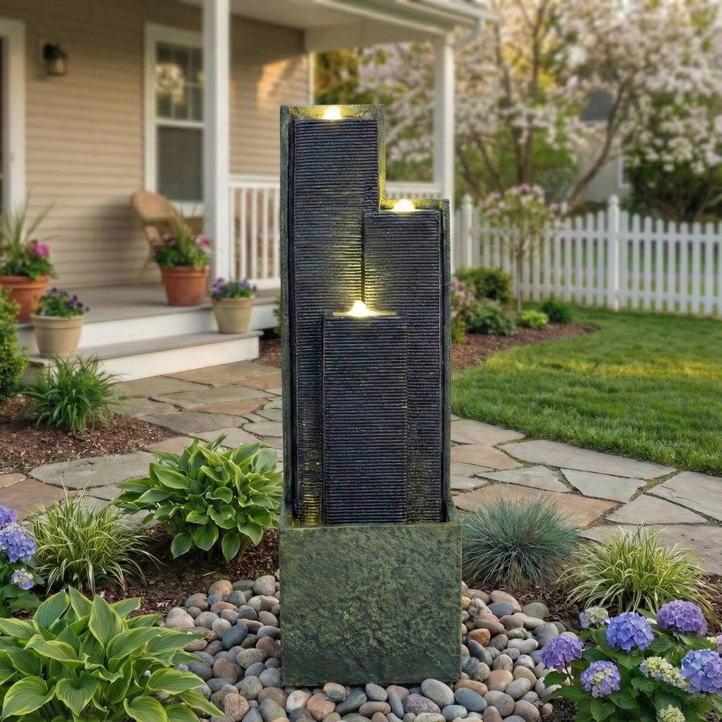 Resin Slate Water Wall Fountain 3 Column Top Lit