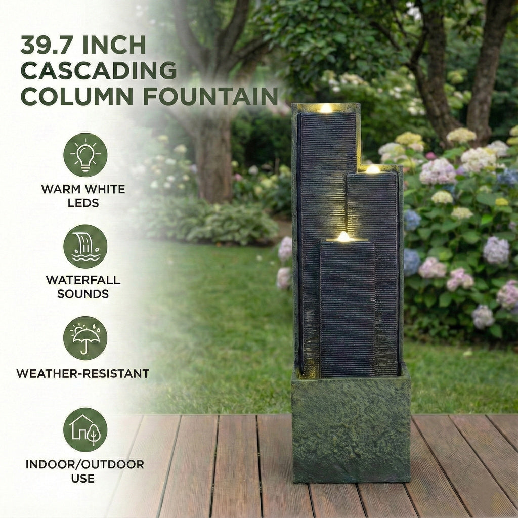 Resin Slate Water Wall Fountain 3 Column Top Lit