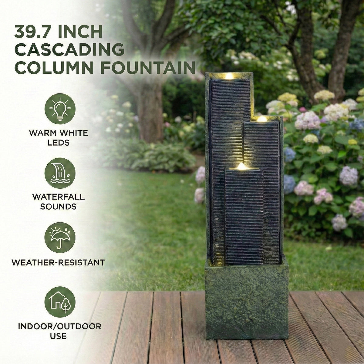 Resin Slate Water Wall Fountain 3 Column Top Lit